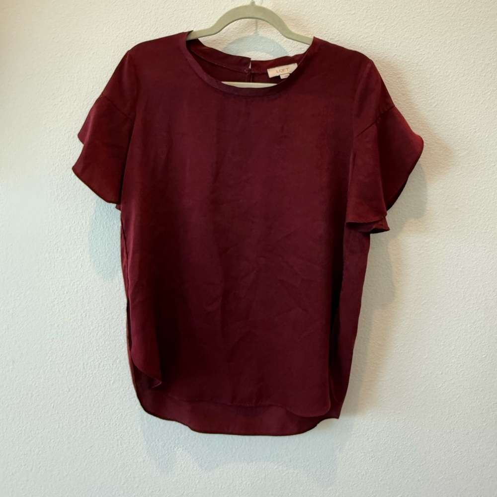 LOFT Red Cuffed Sleeve Blouse Relaxed Fit